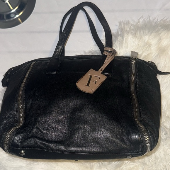 FURLA AMAZZONE BLACK with BLACK ZIPPER STUD SATCHEL Made In Italy $698 EUC - Picture 6 of 11